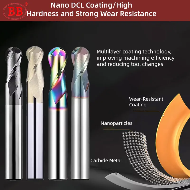 BB Ball Nose End Mill CNC Machining Cutter Solid Carbide Radius Tool DLC Coated for Alloy Aluminum Copper Stainless Steel R0.5