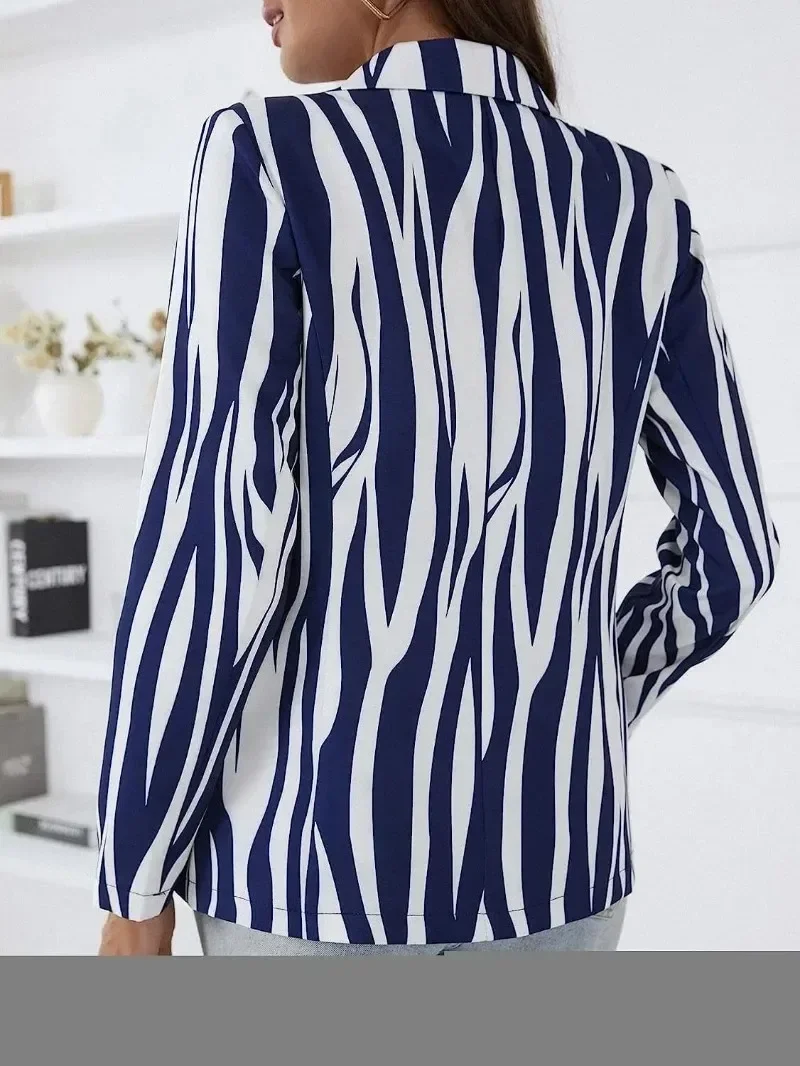 Terno de blazer indie listrado feminino, manga comprida, trespassado duplo, jaqueta casual para viagem, casaco plus size, vintage, 2023