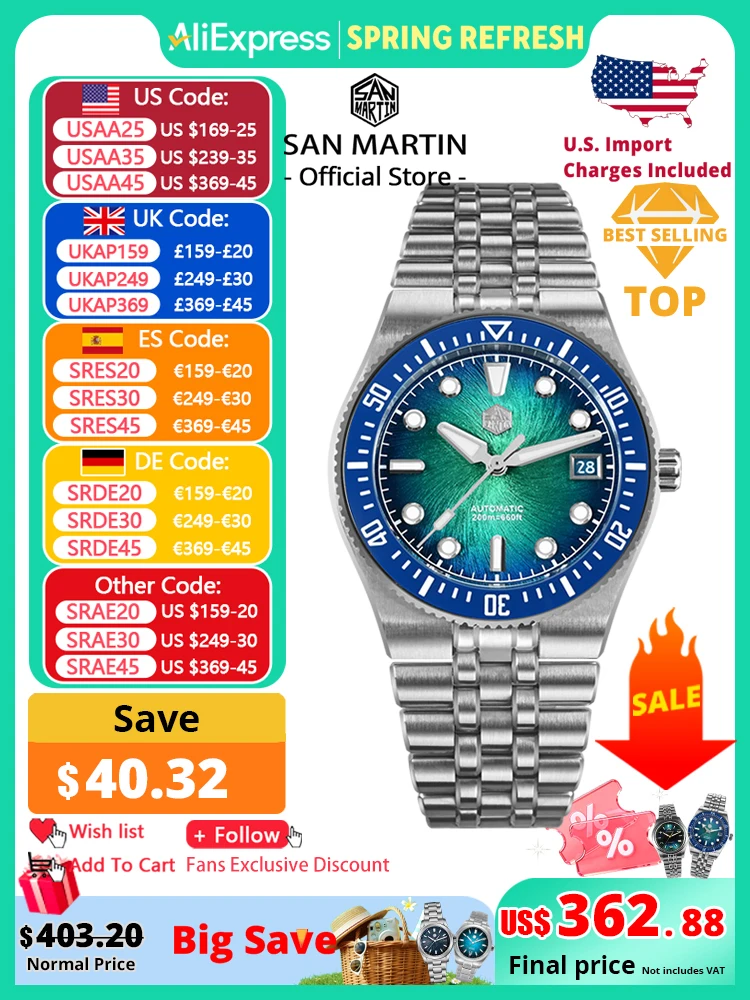 

San Martin 40mm Enamel Spiral Dial Integrated Bracelet Men Diver Watch Miyota 9015 Automatic Mechanical Waterproof 200m SN0148