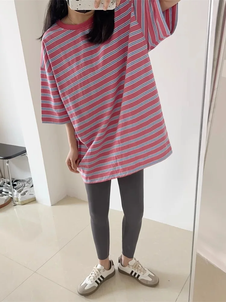 

Женская футболка Aami Tall свободного кроя в полоску, средней длины, летняя, повседневная, из смесового хлопка