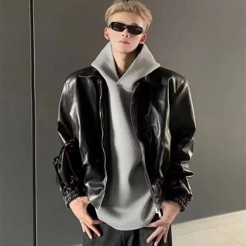 

Spring Autumn Cool Oversized Short Black Soft Pu Leather Jacket Men Zipper Luxury Designer Motorcycle Uniform Windbreaker