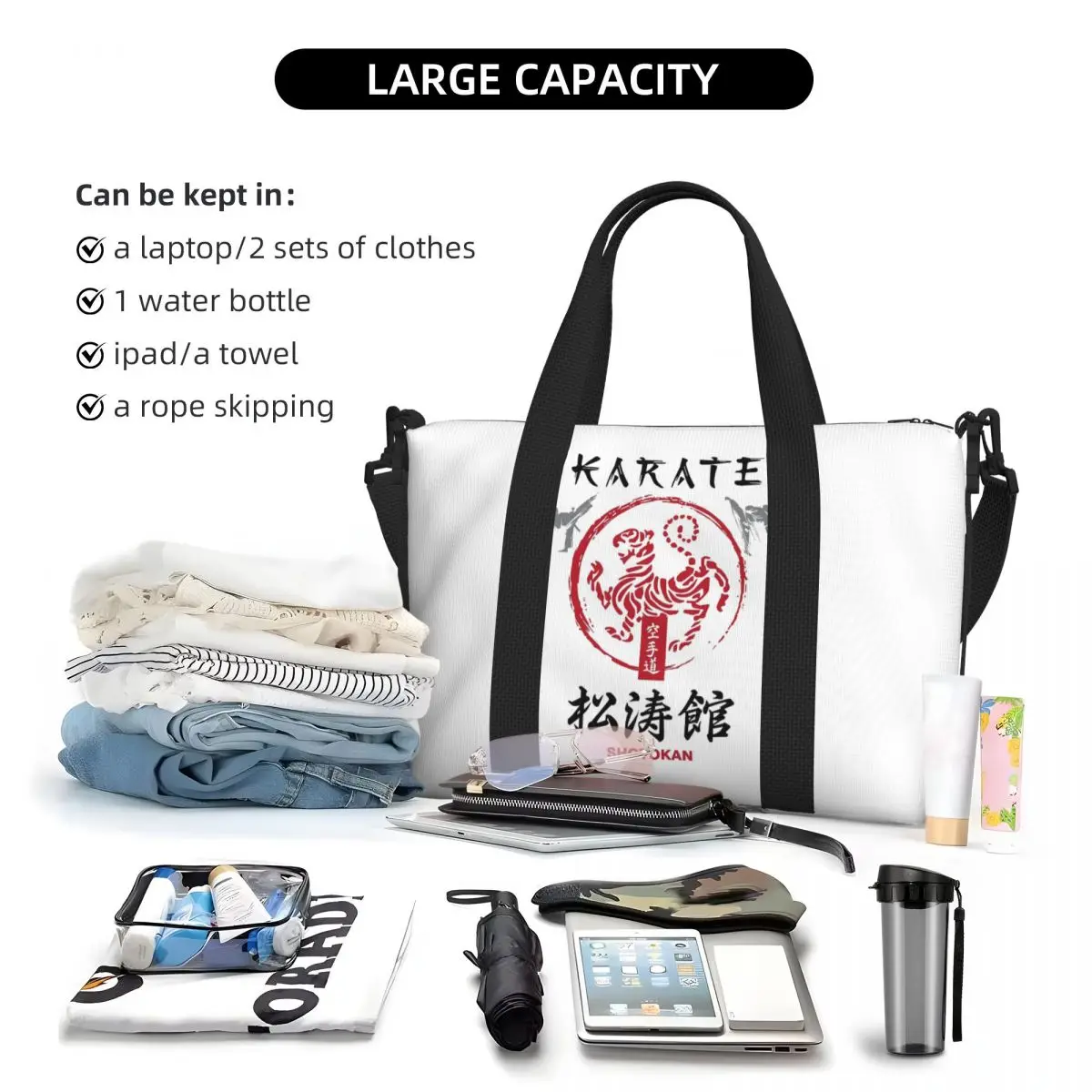 Shotokan Karate Simbolo e Kanji Borsa da viaggio da spiaggia con testo bianco Borse tote di grande capacità per palestra Borsa a tracolla per lo shopping da donna