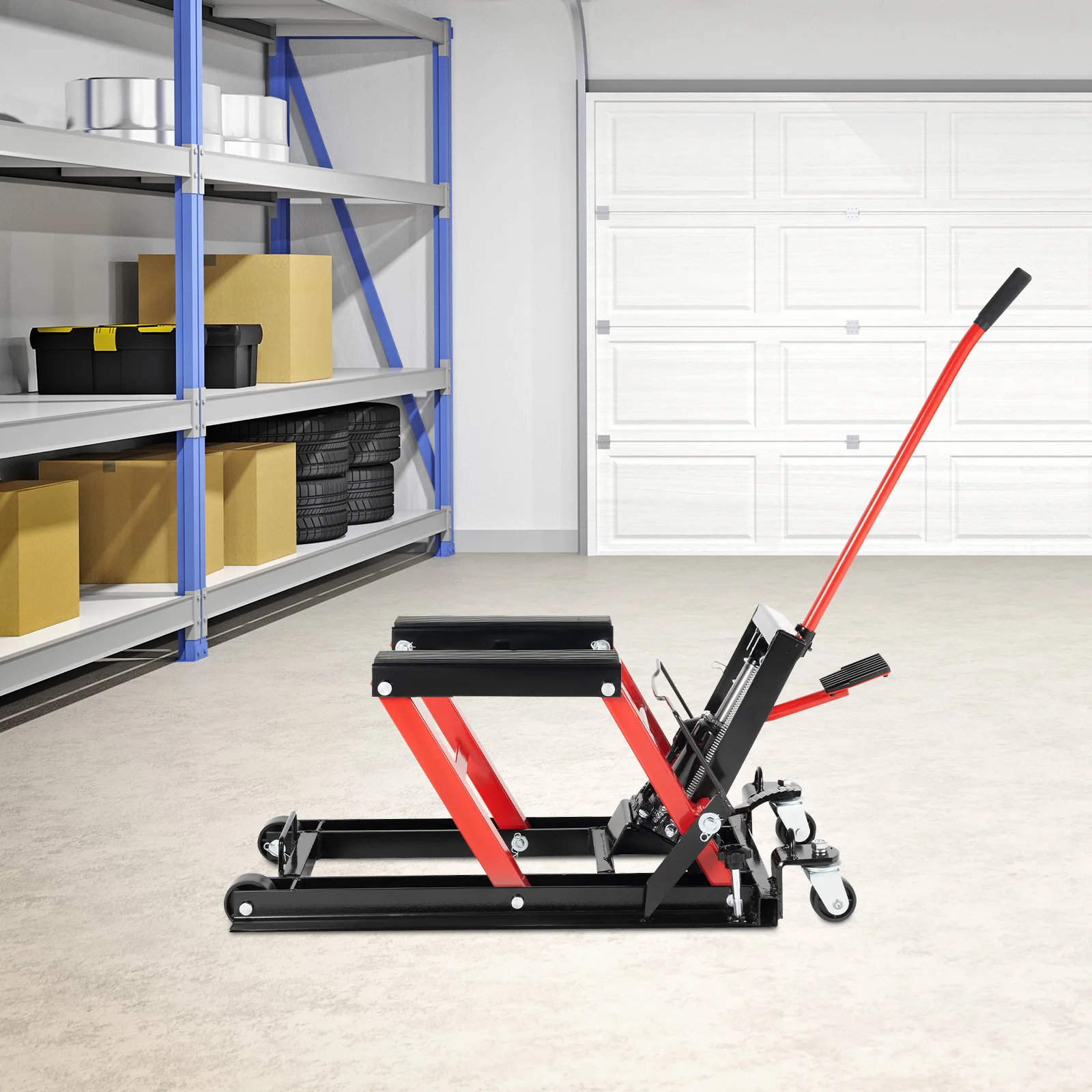 رافعة هيدروليكية للدراجة النارية 680 كجم، رافعة مقصية هيدروليكية أسطوانية حمراء/زرقاء، حامل إصلاح رافعة الدراجة، مصعد خدمة الدراجة النارية