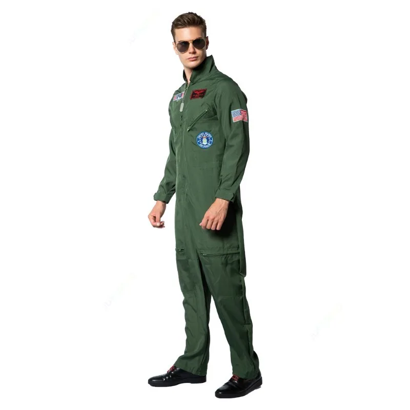 New Adult Fighter Pilot Costume Air Force Flight Suit Roleplay with Aviator Accessories Men Army Green Military Pilot Jumpsuit