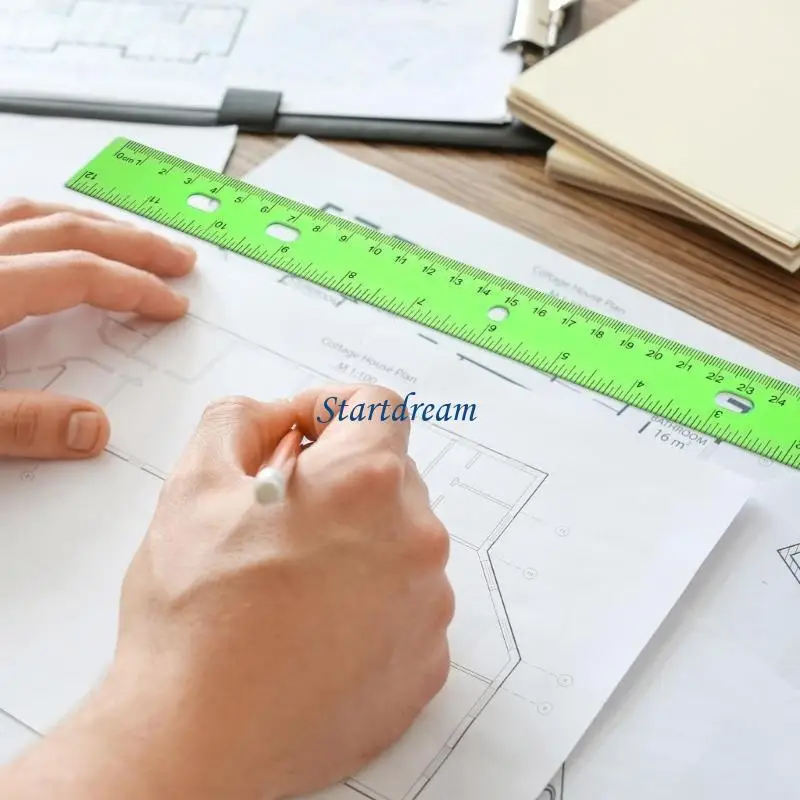 Réguas coloridas transparentes 12 polegadas com régua matemática furo com escala centímetros e centímetros K92C