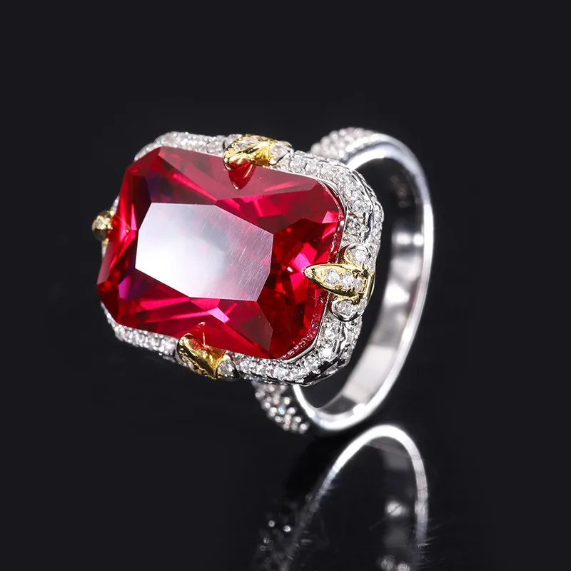 OANA S925 Whole Body Silver Imitation Color Treasure Emerald Emerald Ruby ​​Long Fanghao Inlaid Closed Ring Jewelry