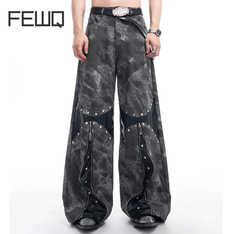 

FEWQ Rivet Metal Zipper Design Men's Jeans Autumn Winter Straight Leg Pants 2024 Patchwork Darkwear Male Trousers 24E2532