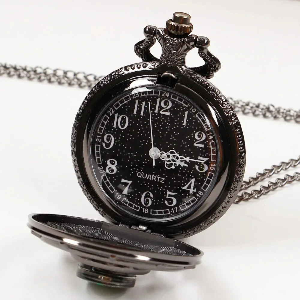 Vintage Compass Design Hollow Pocket Watch Black Silver Necklace Pendant Jewelry Christmas Gift for Men Women Reloj De Bolsillo