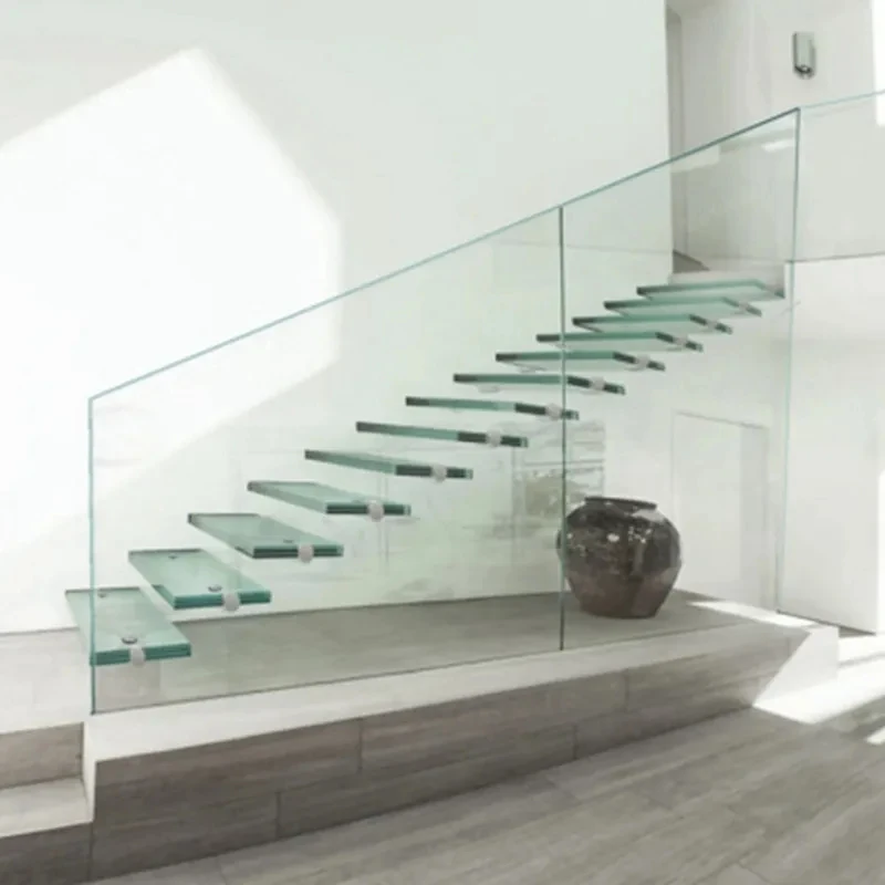 custom.CBMMart Floating Stairs Indoor Modern Wooden Mono Stringer Tempered Glass Panel Railing Handrail Staircase