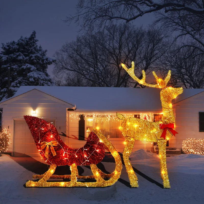 Handgefertigtes beleuchtetes Hirsch-Rentierschlitten-Set, Weihnachts-Gartendekoration, LED, leuchtender Glitzer, Rentier, Weihnachten, Zuhause, Outdoor, Hof, Ornament, Dekoration