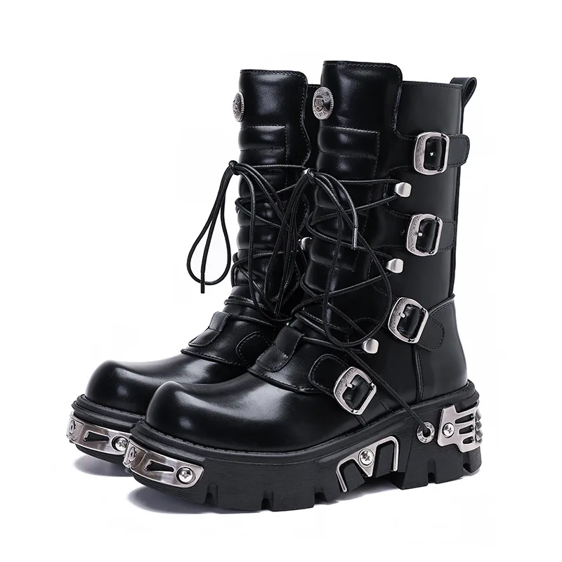 

Retro High Boots for Men's and Women's Metal Motorcycle Boots Workwear Punk Style Rock Thick Soled Boots Motorbike Racing Shoes