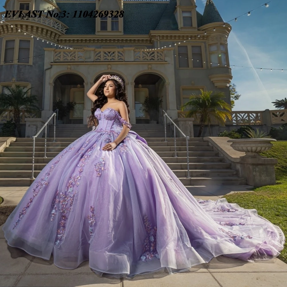 

EVLAST Customized Shiny Lilac Quinceanera Dress Ball Gown 3D Floral Lace Applique Beaded Bow Sweet 16 Vestidos De 15 Anos E3Q662