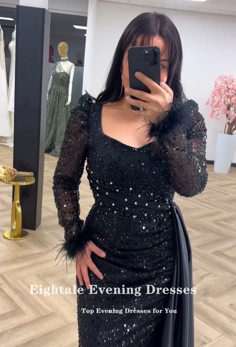 Eightale Luxus-Abendkleider mit Pailletten, individuellem Gürtel, Meerjungfrau-Abschlussballkleid mit Federperlen, langen Ärmeln, Hochzeits-Partykleid