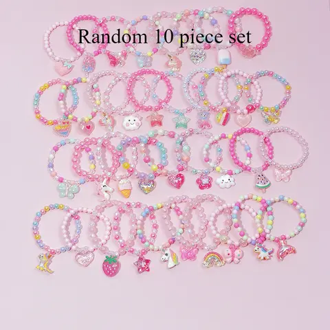 Random Color 10pcs Girls Cute Butterfly Flower Pendant Bracelet Charm Love Star Multicolor Beaded Bracelet Suitable