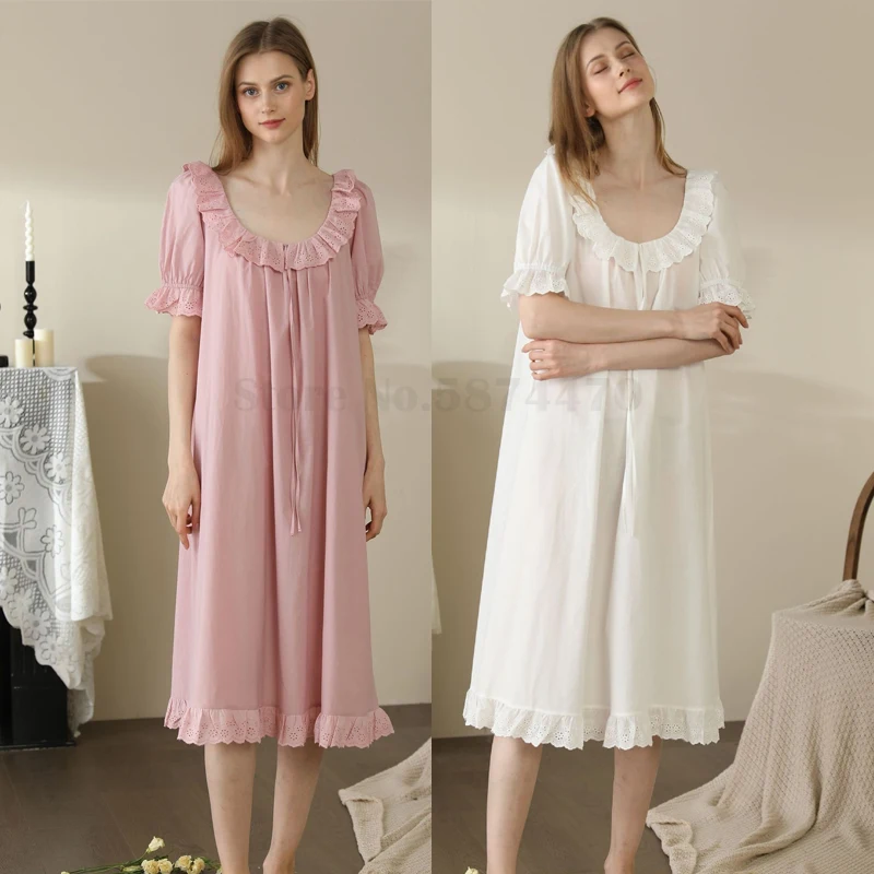 

Pure Cotton Palace Style Nightdress for Women Summer Sleepwear Short Sleeved Nightwear Solid Color Retro Princess Lace Nightgown