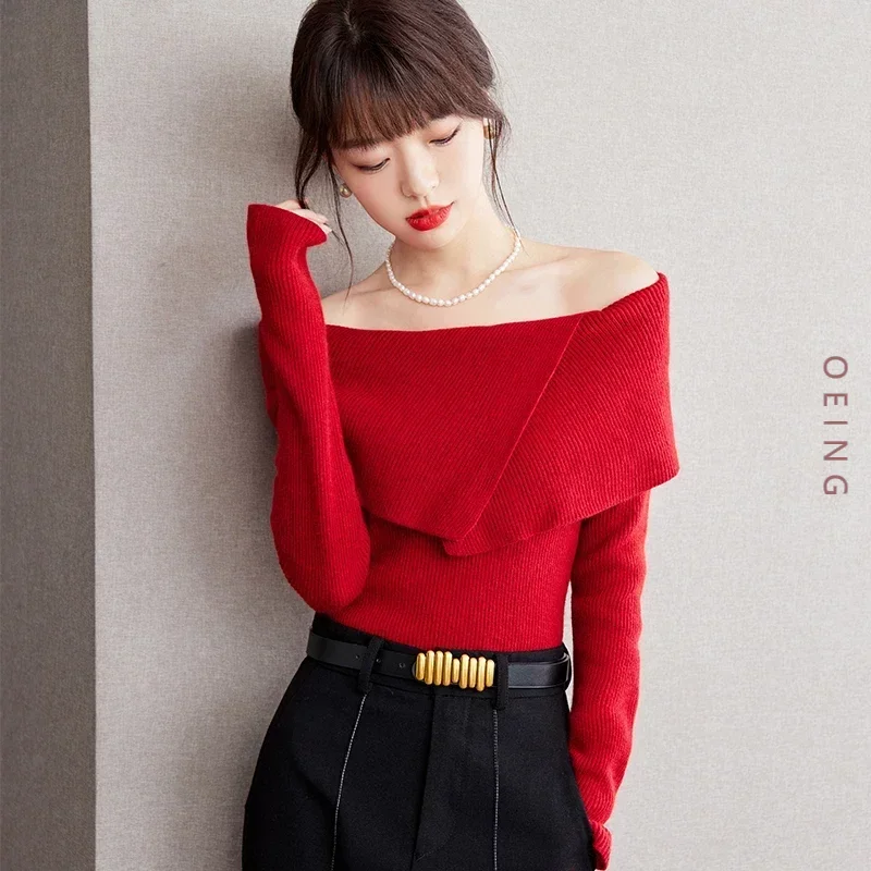 

Slash Neck Red Sweater Women Long Sleeve Knitted Pullovers Autumn Winter Female Elegant Chic Slim Casual Tops Knitwear B2658