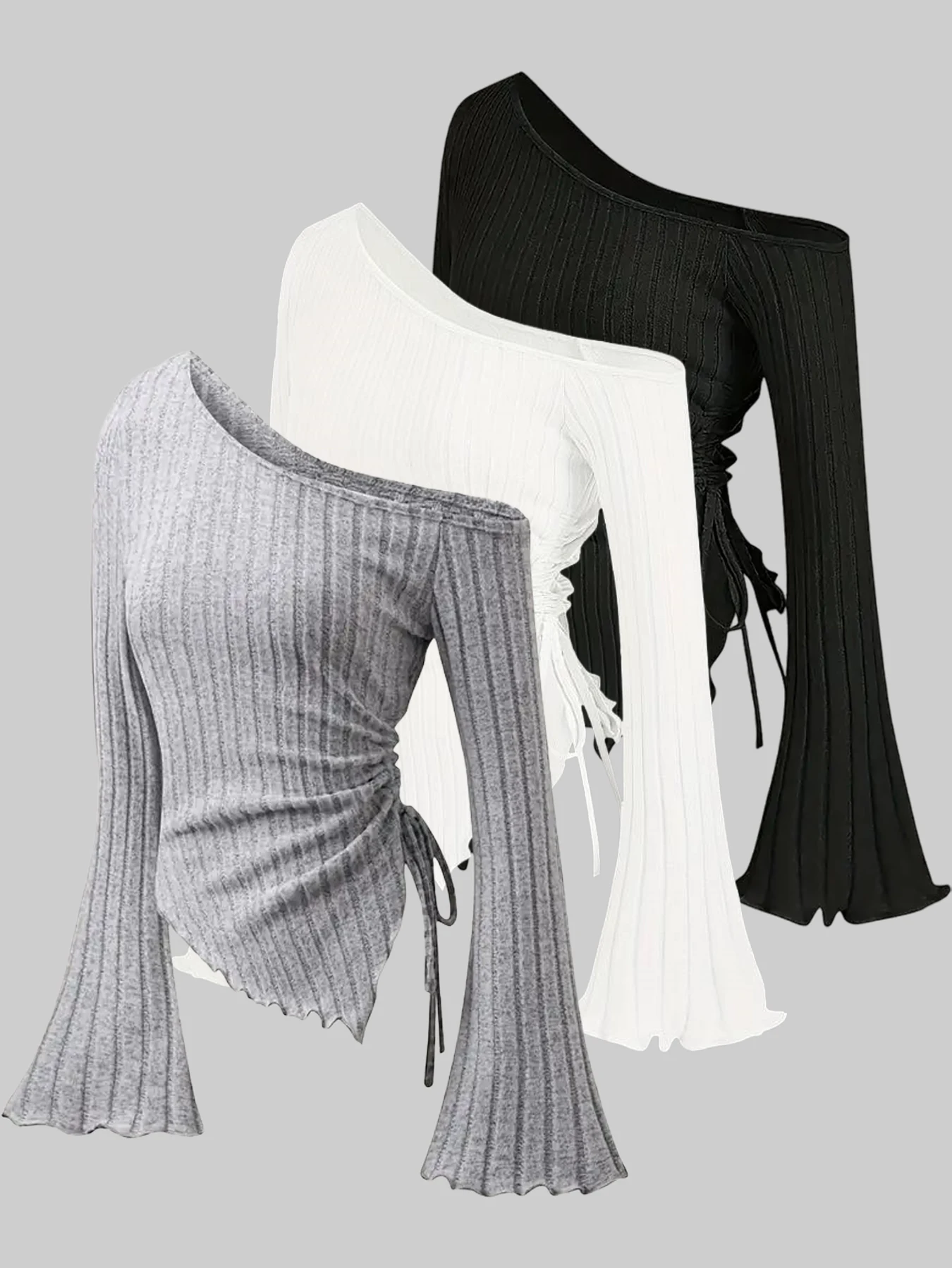 This solid-color three-piece set features an asymmetrical single-shoulder drawstring design, paired with elastic flare sleeves.
