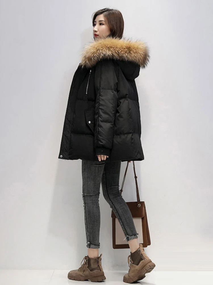 2024 New Real Raccoon Fur Collar Women\'s Parka Jacket Fashion Hooded Jacket Loose Thick keep Style Elegant Woman Top