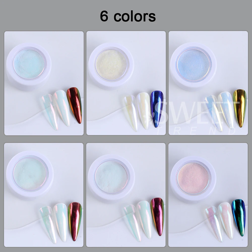 6 قطعة ضوء القمر مسمار بريق مساحيق أورورا كروم حورية البحر مرآة معدنية مسحوق مسمار الصباغ مانيكير الديكور مستلزمات الأظافر