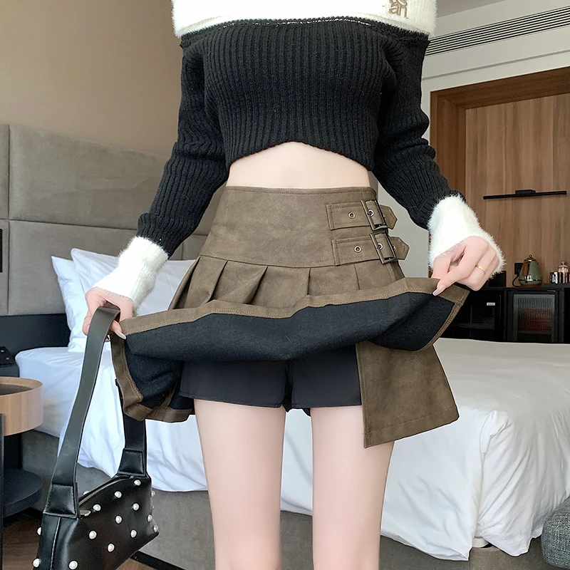 Pleated Girls Retro Short Skirts Autumn PU Punk Style Solid Skirts Women High Waist Black Coffee Gray Skirts