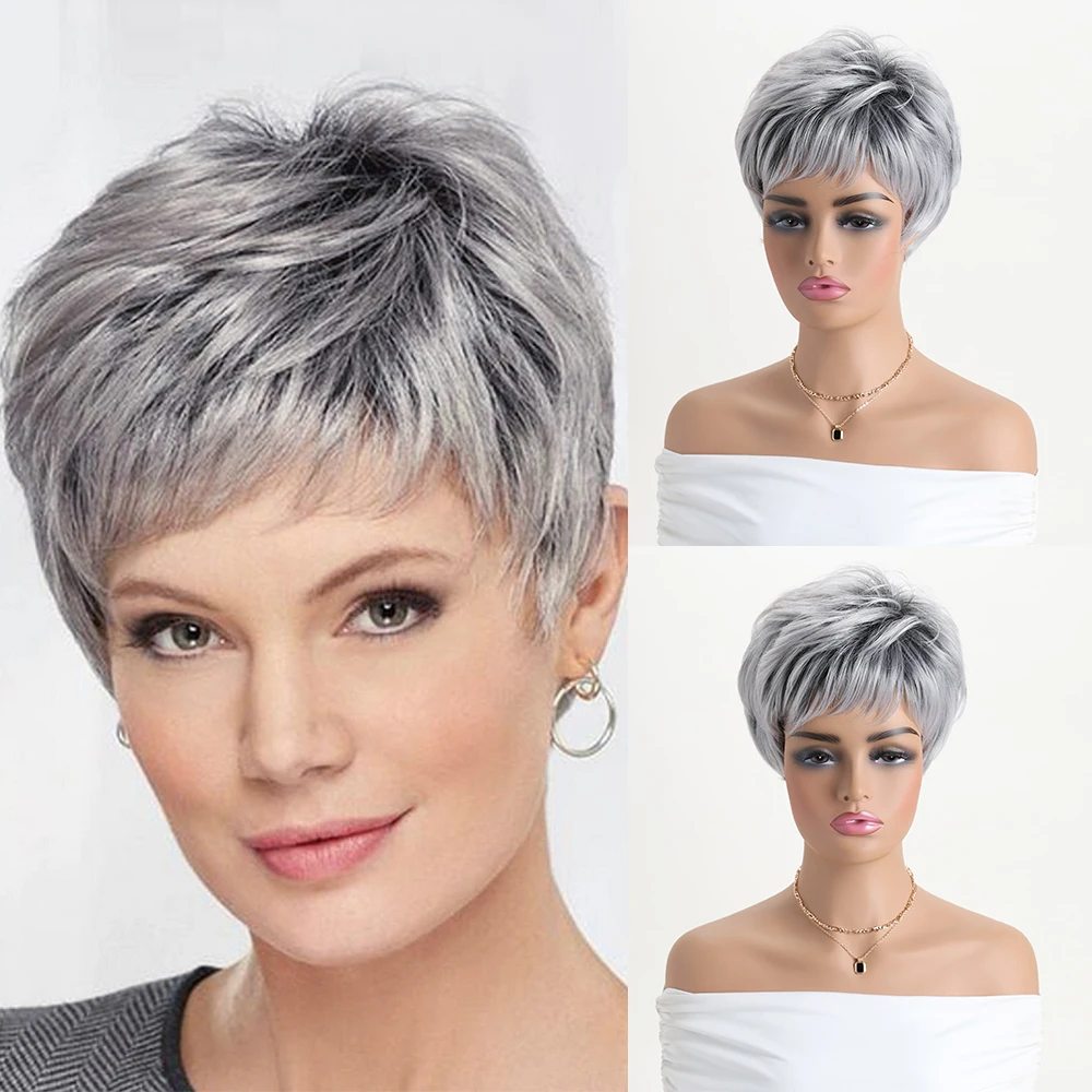Short Natural Wigs with Bangs Soft Mommy Hair Daily Use Short  Grey Ombre Curly Synthetic Hair Costume Party Wig for Women
