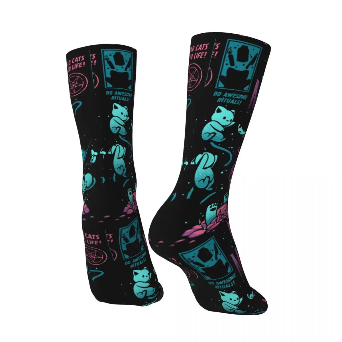 Funny Happy Men's Compression Socks Nekomancer Vintage Harajuku Cat The Return Of Vampurr Horror Halloween Hip Hop Crew Sock