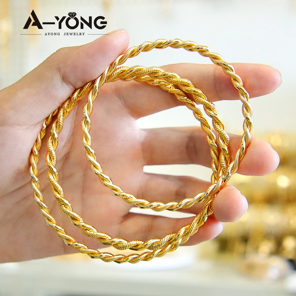 Dubai Gold Color Bangles 18k Gold Plated Copper Twist Bracelet Diameter 60/65/70mm Arab Women Wedding Luxury Vintage Jewelry