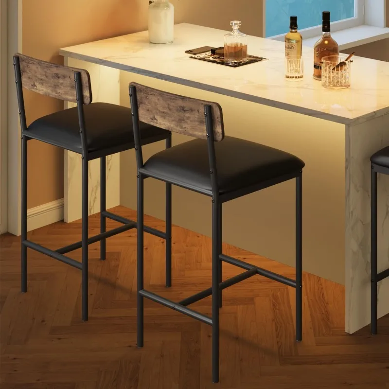 

Bar Stools Set of 2, Upholstered Bar Chairs with Back, 25.5 Inches Kitchen Bar Stools with Footrest, Thick Cushion, Counter Heig