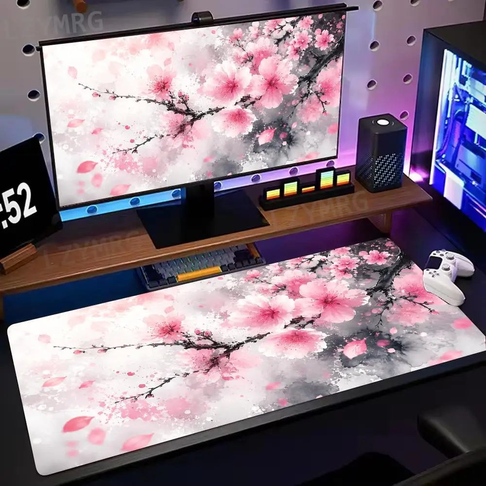 Aesthetic Ink Style Large Desk Mat Pink Cherry Blossom Branch Floral Petals Mousepad for Laptop PC Game Decor