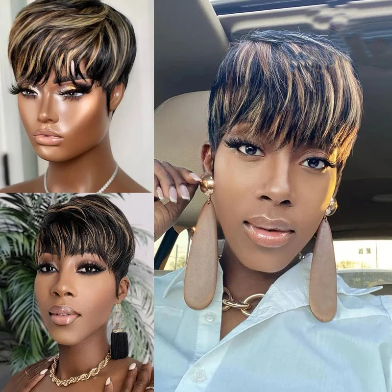 Highlight Colored Human Hair Wig Mullet Straight Pixie Cut Wig With Bangs Brazilian Virgin Hair 150% Full Machine Made Wig