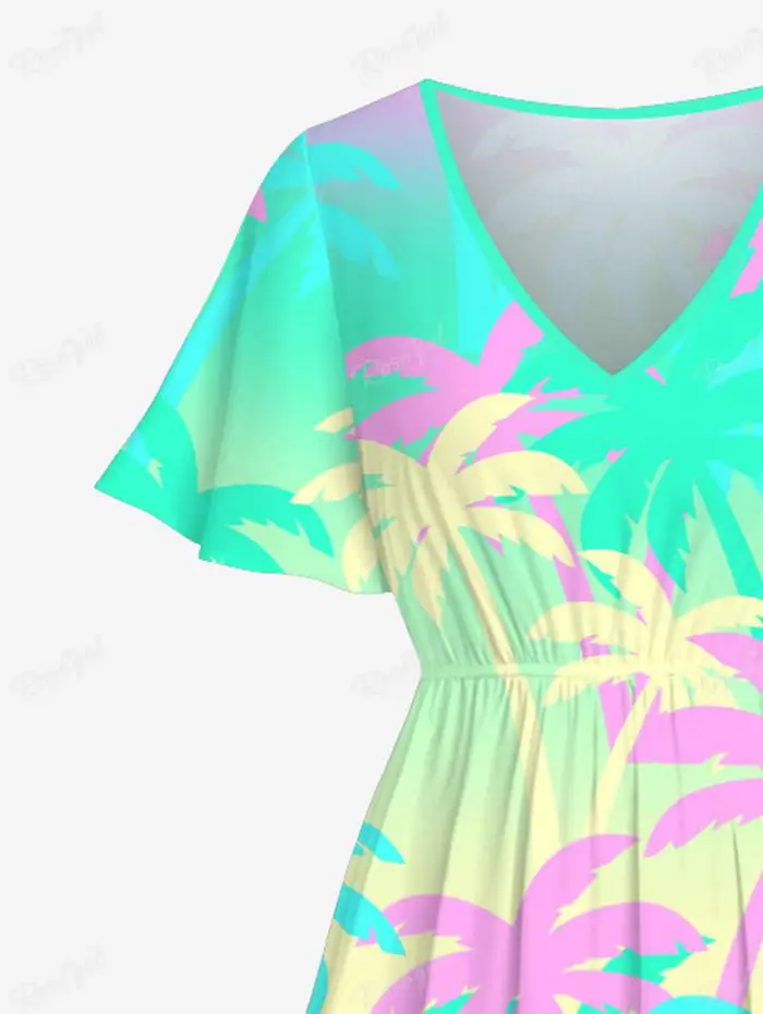 Plus Size Colorful Coconut Tree Ombre Colorblock Printed Hawaii Split Dress And Buttons Pocket Hawaii Shirt For Men