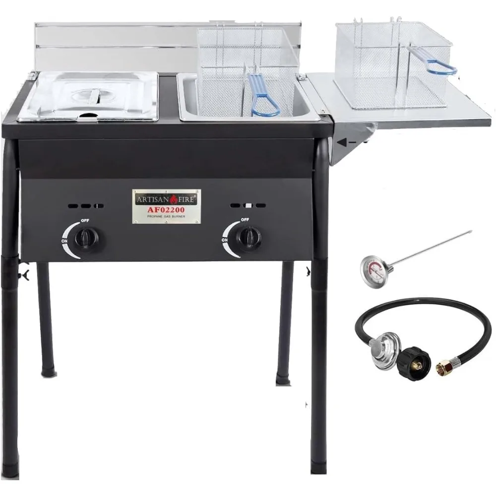 

Stainless Steel Propane Double Tank Fryer with Large Oil Capacity, 2 Baskets, Thermometer, and Regulator for Outdoor Frying Fish