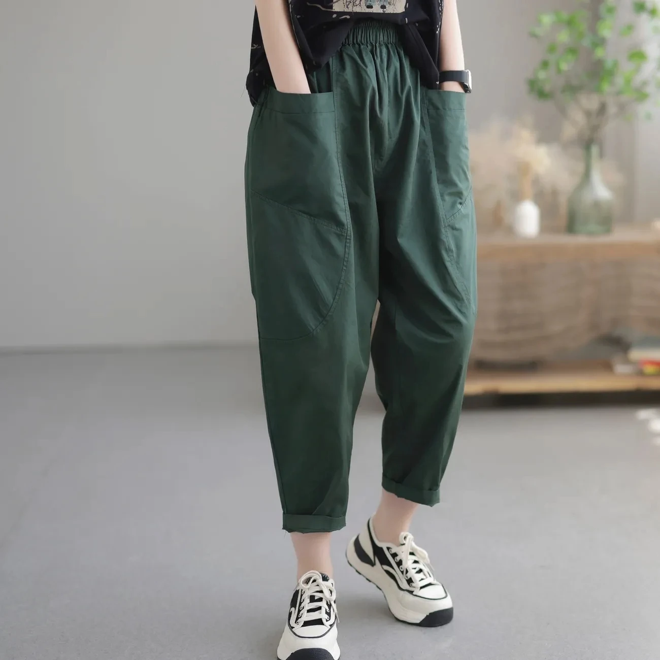 Women Casual Harem Pants Autumn New Elastic Waist Loose Thin Solid Color Trousers Retro Fashion Casual Daily Wear Streetwear