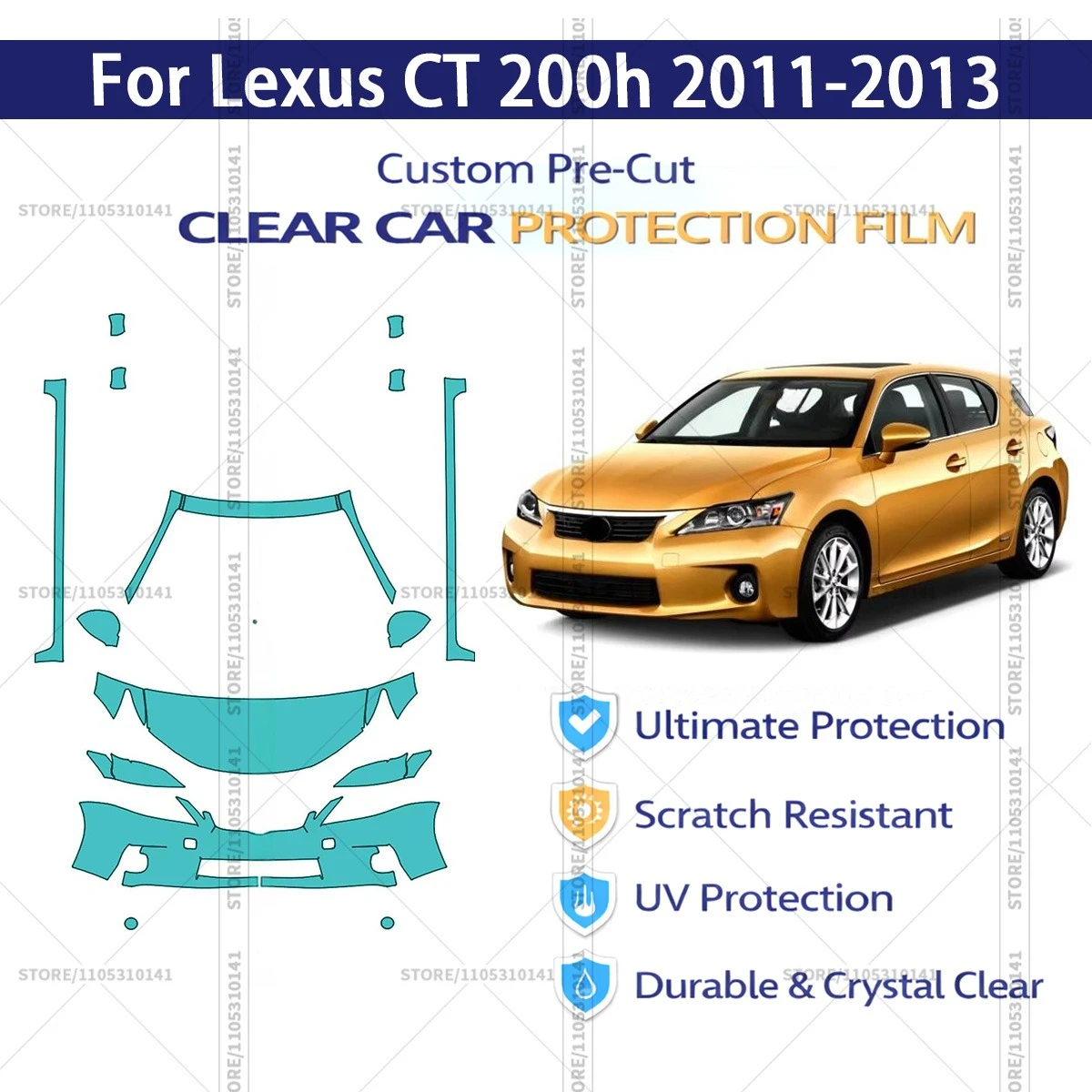 

Для Lexus CT 200h 2011-2013: Профессиональная прозрачная защитная пленка (PPF) для автомобиля, предварительно вырезанная, комплект для передней части и порогов.
