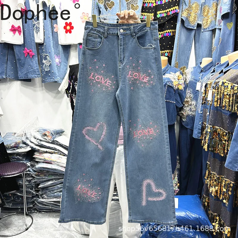 

Trendy Letters Hot Drilling Spring Autumn Female Denim Trousers All-match Wide Leg Long Denim Trousers Streetwear Women Jeans