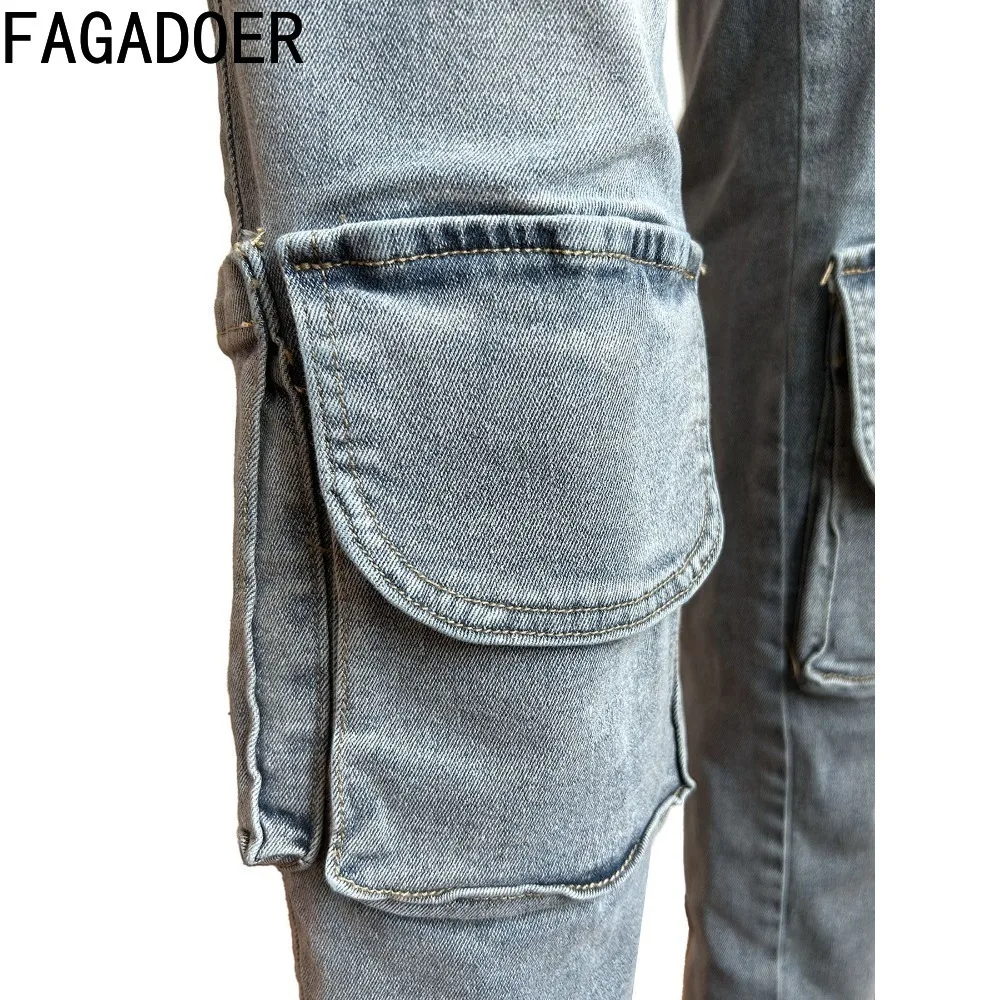 FAGADOER Blue Fashion Denim High Waisted Pocket Cargo Pants Women High Waisted Button Jean Trousers Female Cowboy Bottoms 2024