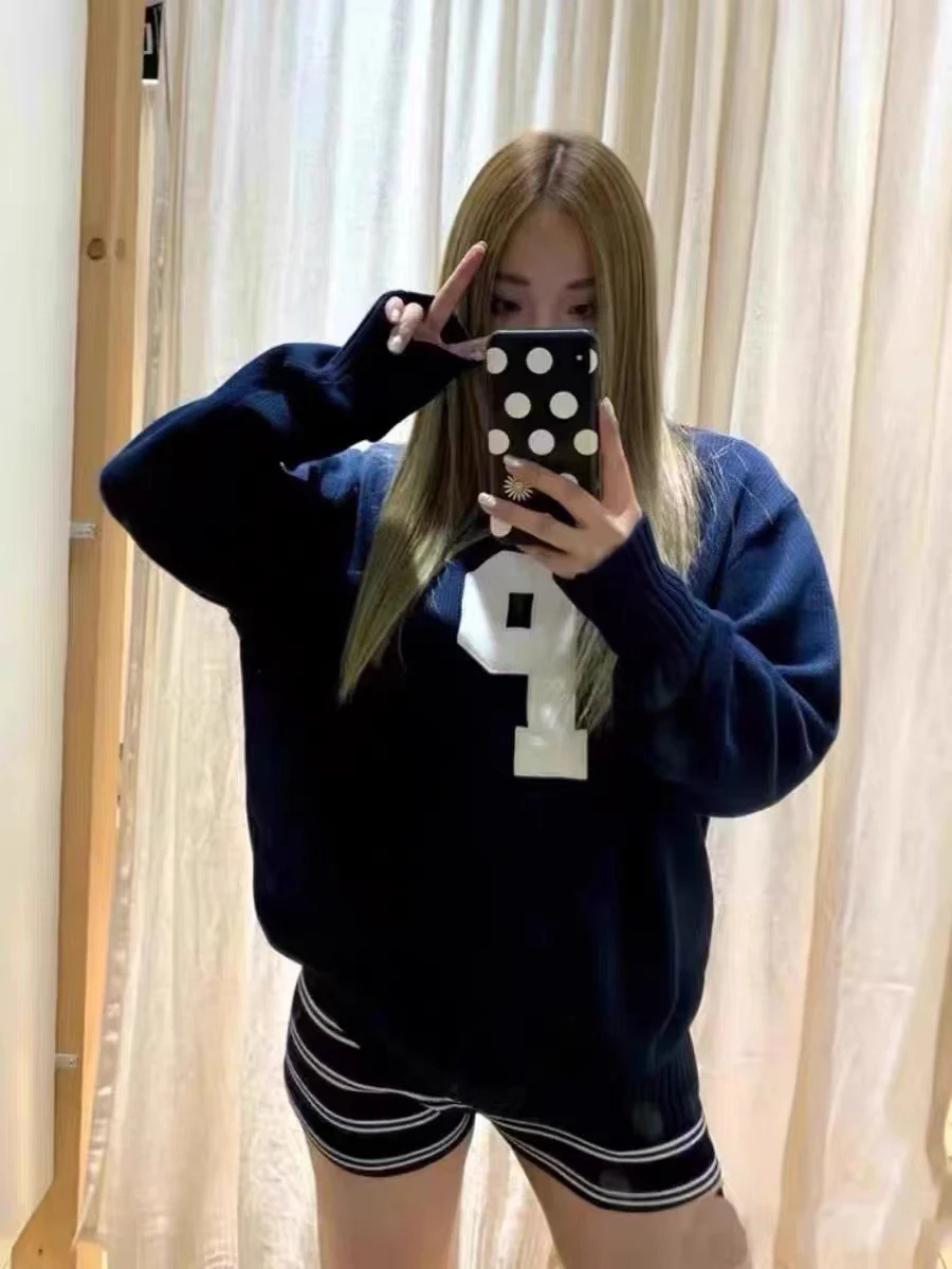 

Простой свитер с вышивкой букв, женский американский уличный свободный хлопковый вязаный пуловер с круглым вырезом, топы, винтажный джемпер в стиле Харадзюку Y2K