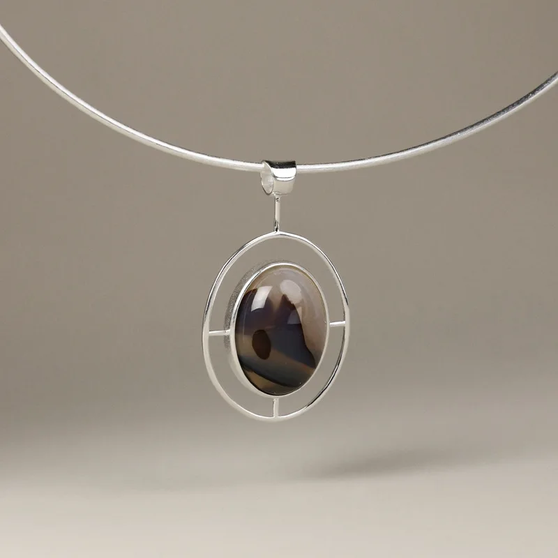 Miracle Sterling Silver 925 Original Design  Clarity Inlaid Landscape Agate Niche Artistic Geometric Minimalist Style  Pendant