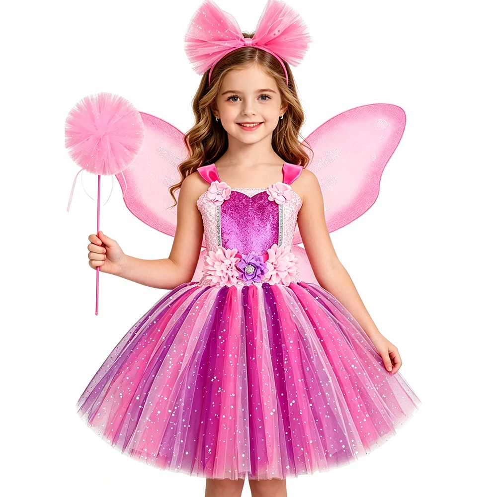 Sparkly Pink Purple Fairy Tutu Dress OUtfit for Girls Twinkle Flower Fairy Princess Costumes with Tulle Headband Butterfly Wings