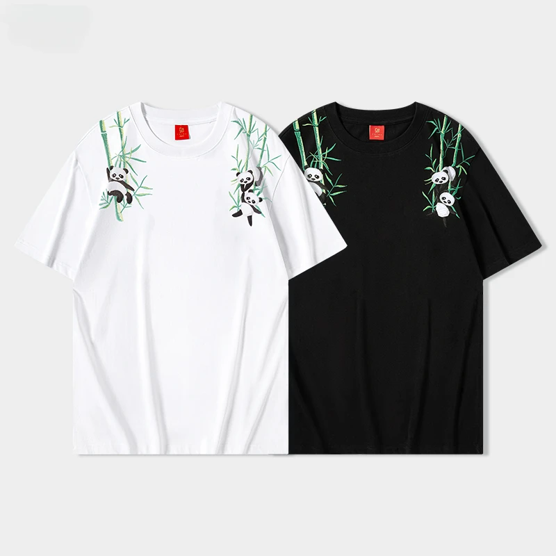 Mens Summer T Shirt Embroidery Panda Cotton Harajuku T Shirt Casual Short Sleeve Chinese Loose Bear Couple Tees Tops Streetwear