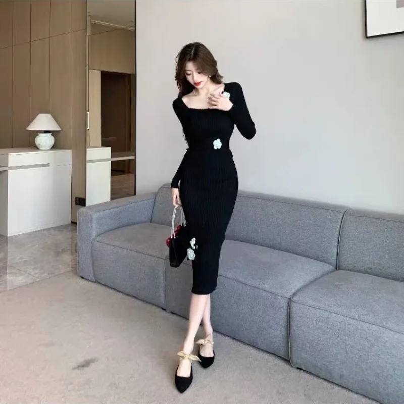 Square Neckline Women's Crochet Dresses Party Casual Retro Korean Clearance Sale New in Harajuku Fashion Prom Female Knit Dress