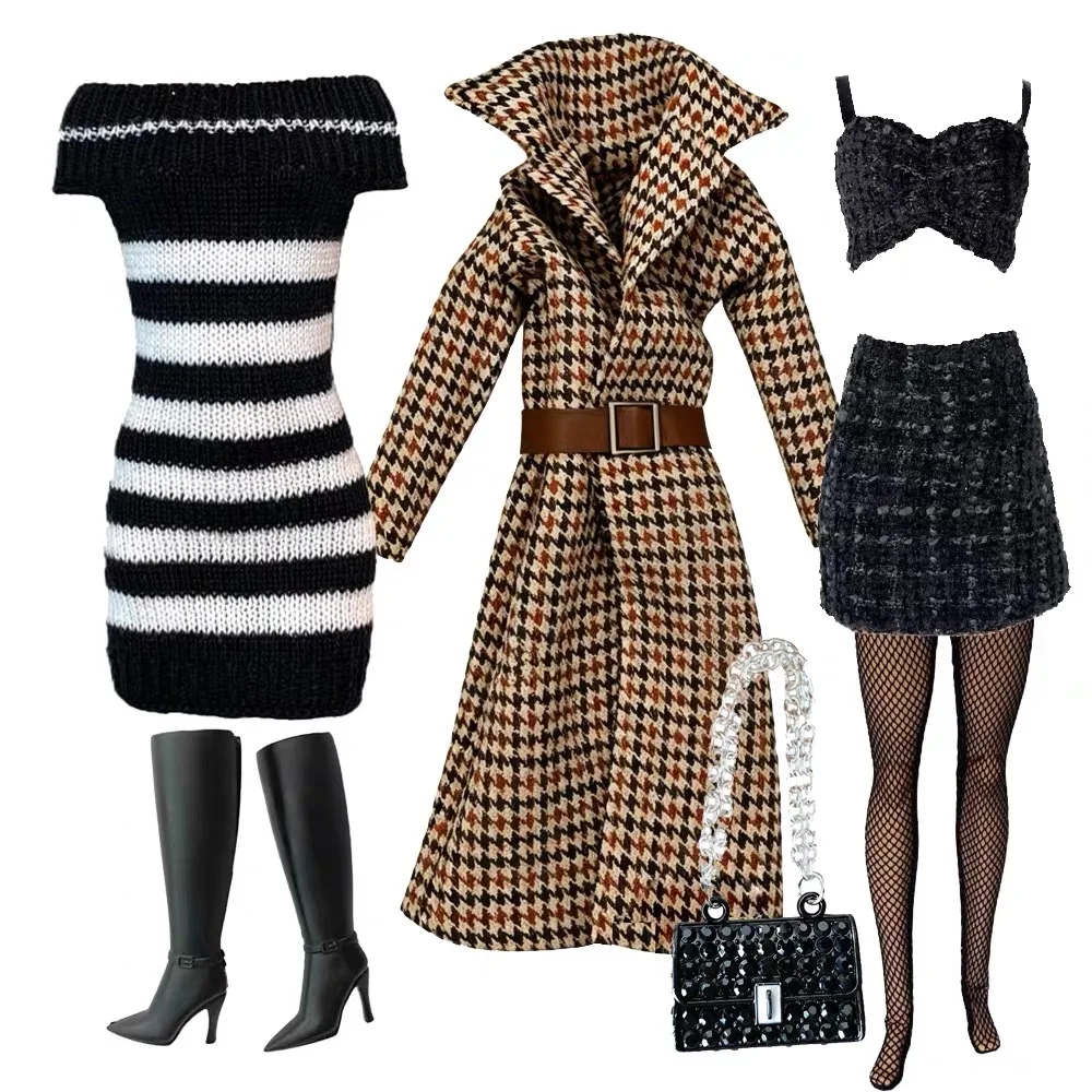 

1/6 Doll Clothes Parts Autumn/Winter Retro Checked Coat+Striped Knitted Skirt+Small Fragrant Set For 30cm Babi Supermodel Doll