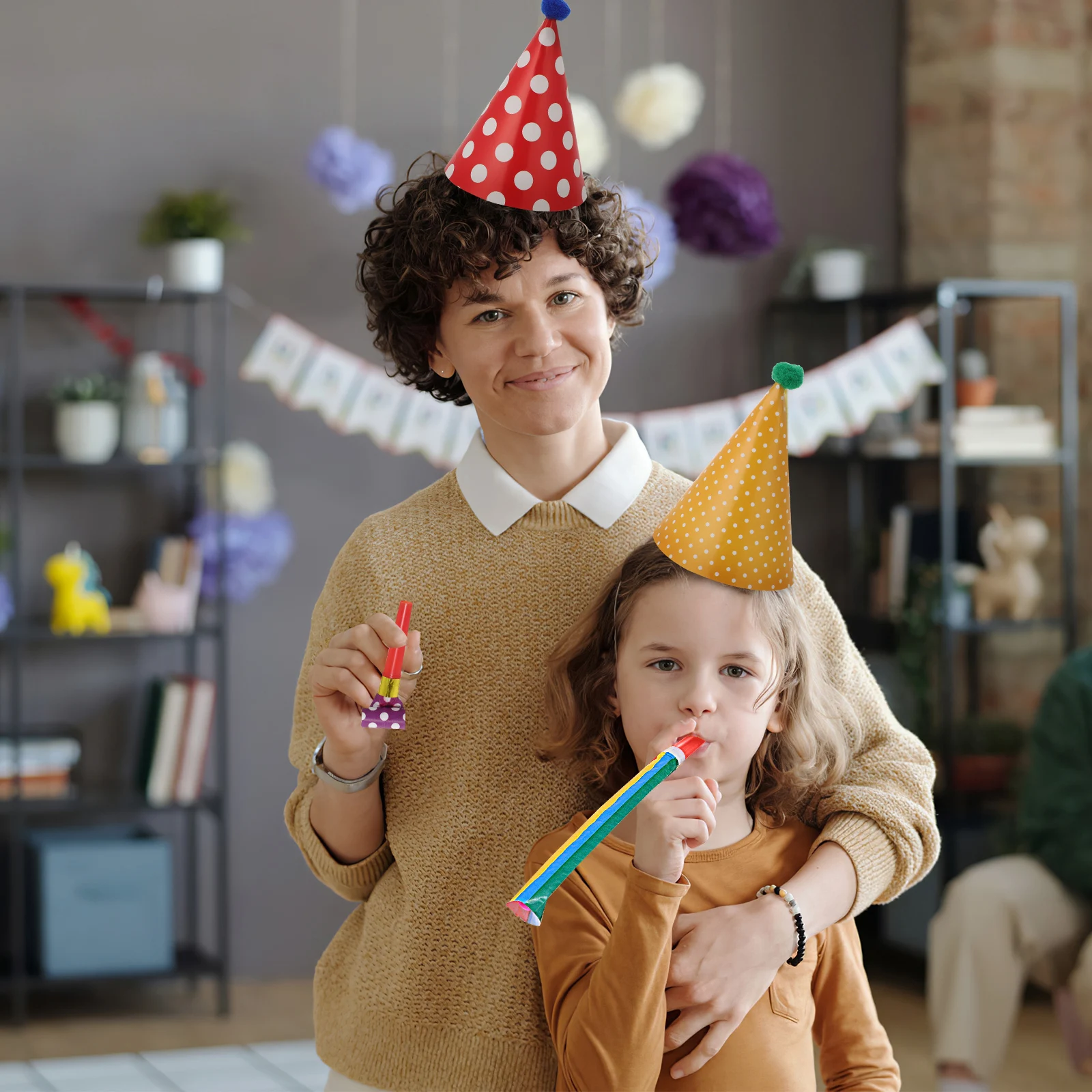 

9 Paper Party Hats 2 Crowns 10 Blowers Colorful Cone Birthday Hats Noisemakers Vibrant Safe Fun Decorations Fiesta Accessories
