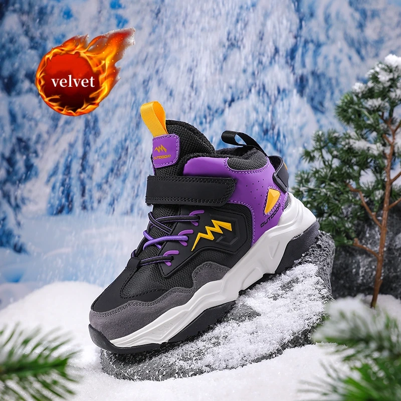 

Модные фиолетовые зимние кроссовки для мальчиков и девочек, бархатные высокие повседневные кроссовки, детская хлопковая обувь, уличная теплая детская спортивная обувь