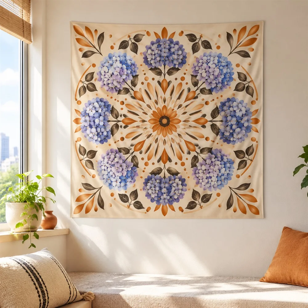 VIKAMA Hydrangea Bloom Tapestry Wall Hanging, Soft Floral Aesthetic Room Decor Wall Art Tapestries for Living Room Bedroom