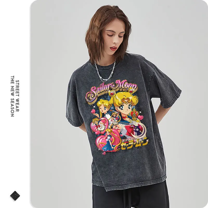 Anime Sailor Moon T-shirts Vintage Washed Tsukino Usagi Streetwear Cute Girl T-shirts Oversized Manga Short Sleeve Tops Tees