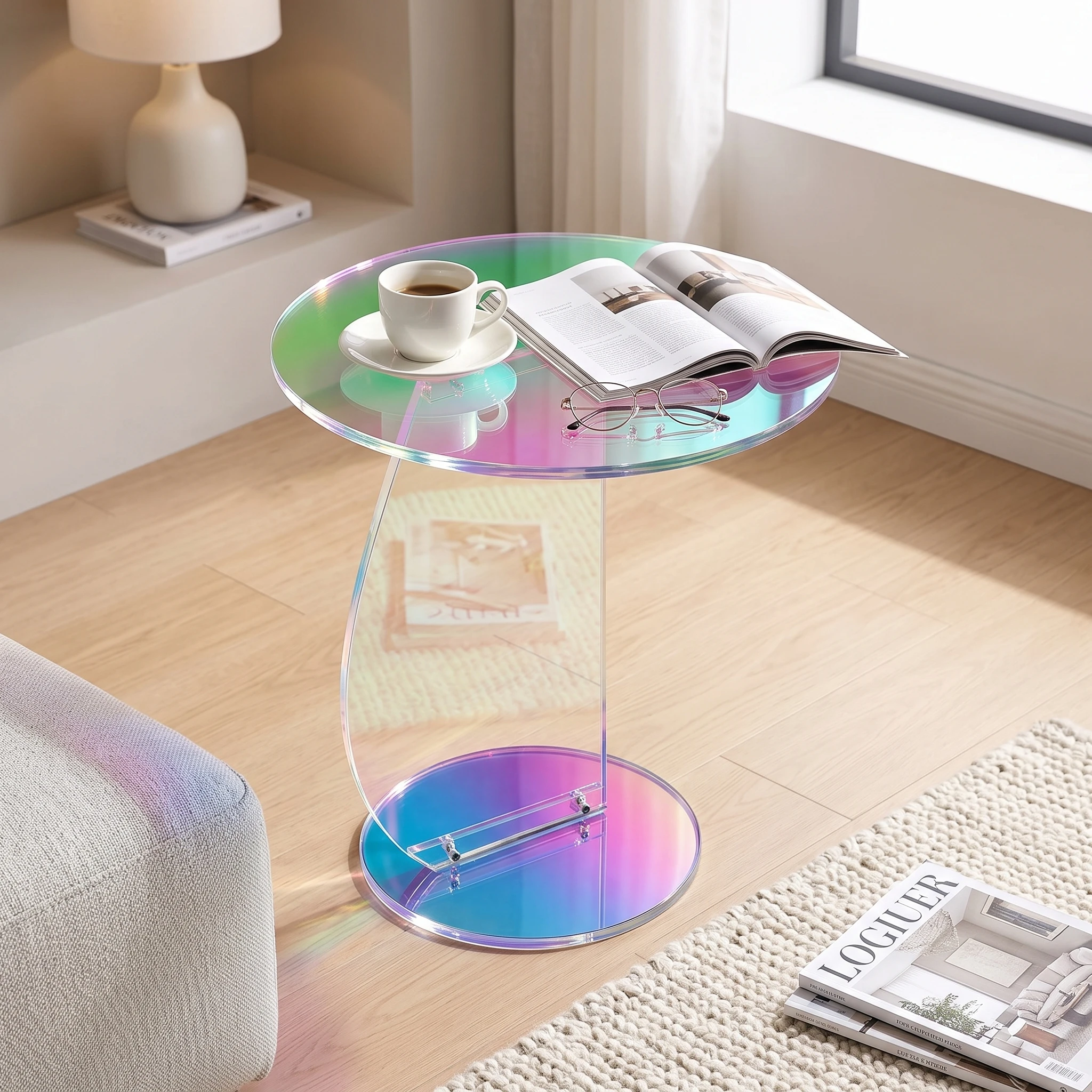 Iridescent Acrylic Side Table, 17.7 Inch Round Rainbow End Table with Sailboat-Inspired Base, Modern Accent Furniture for Small Apartments, Living Rooms and Bedrooms