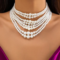 IngeSight.Z Multilayer White Imitation Pearl Choker with Metal Slice Fixation Wide Bib Necklace for Women Bridal Party Jewelry
