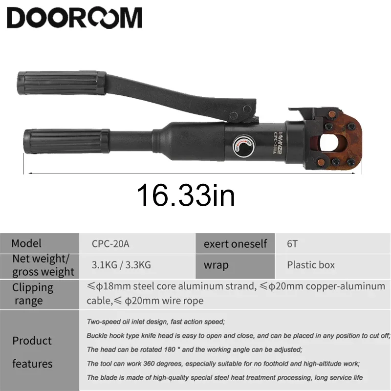 DOOROOM Manual Portable Hydraulic Cable Cutter CPC-20A Below Φ20mm Cable Wire Rope Scissors Metal Hydraulic Wire Cutting Tool