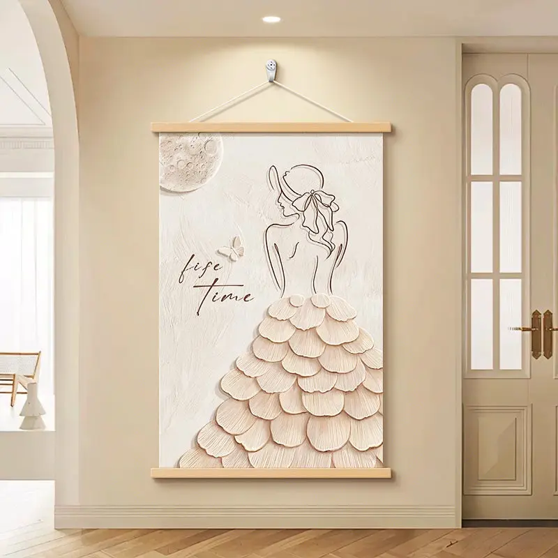 Wall Art Abstract Female Figure and Beige Curves Cream Style Pearlescent Canvas Hanging Scroll with Wooden Rods for Living Room